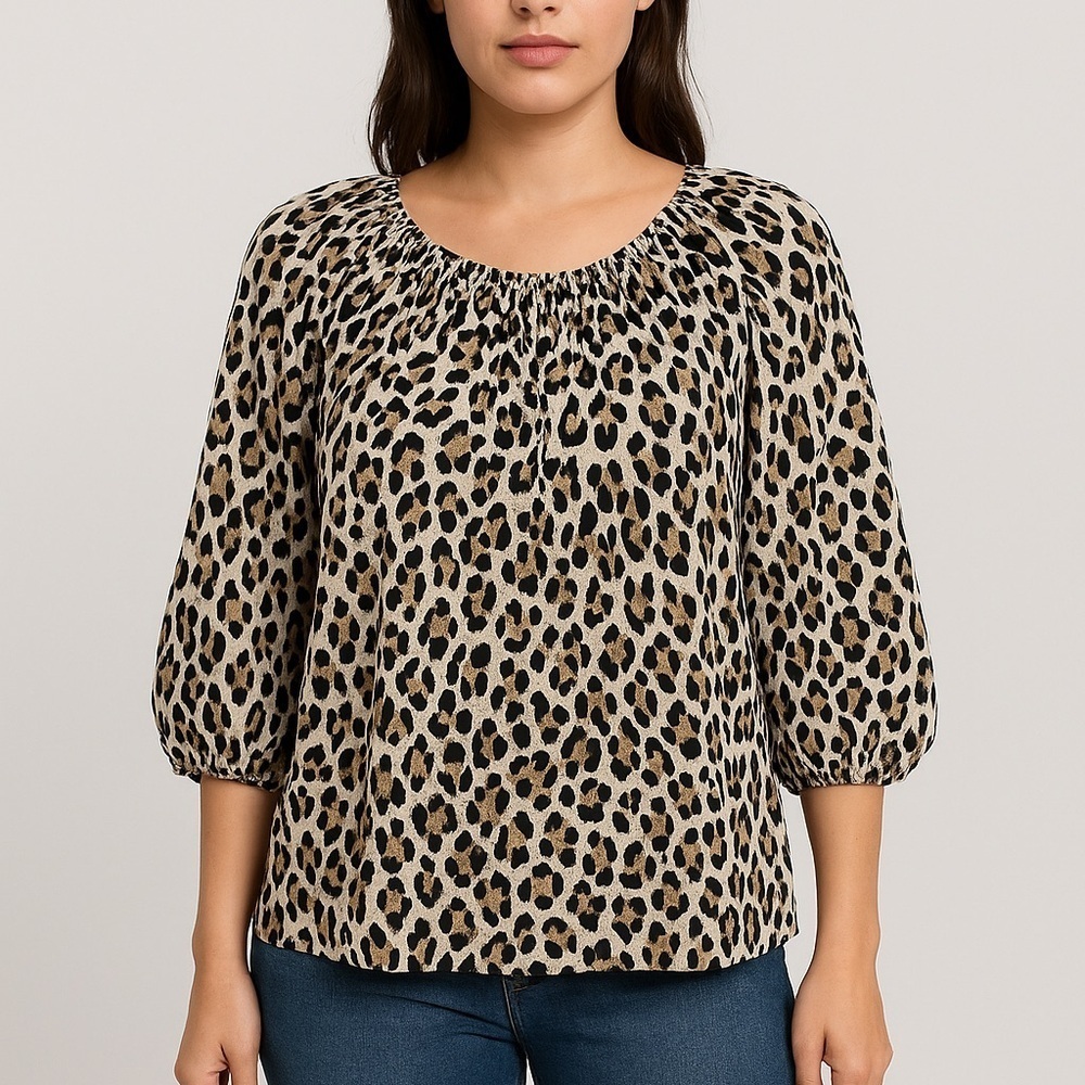 Banana Republic Sheer Leopard Blouse Women’s S Ruched Neck Puff Sleeve Peasent